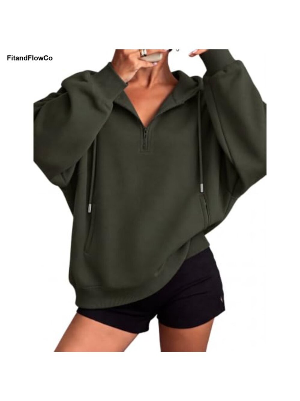Half Zip Oversized Pullover Hoodie Drawstring Elastic Waist Pockets